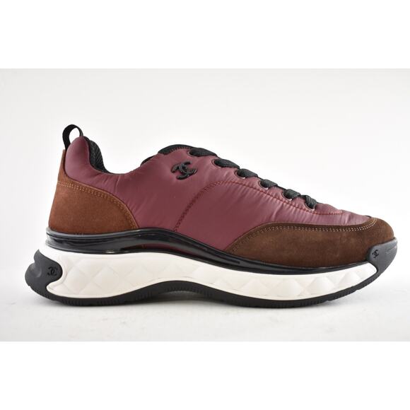Chanel 21A Mens Burgundy Brown Black White CC Logo Low Top Trainer Sneaker 44 11 - Picture 2 of 9